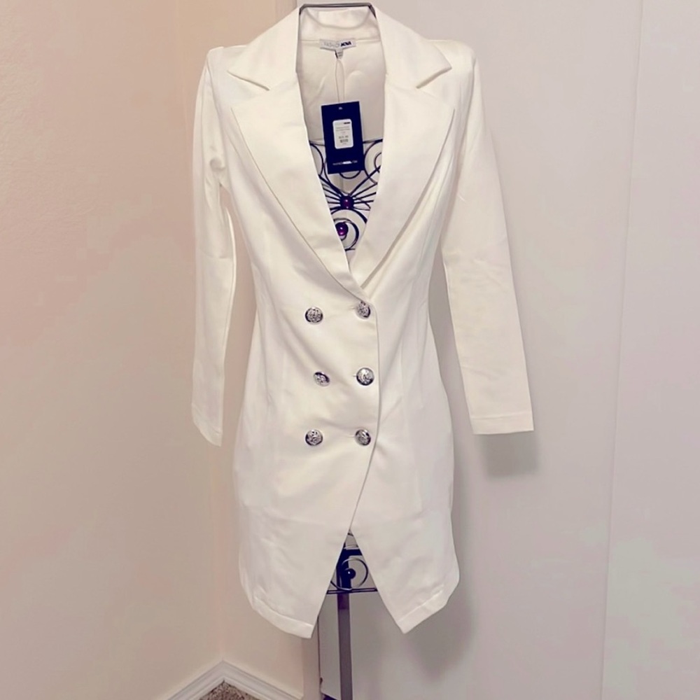 Fashion Nova Bossing Around Mini Blazer Dress Ivory White XS Silver Buttons